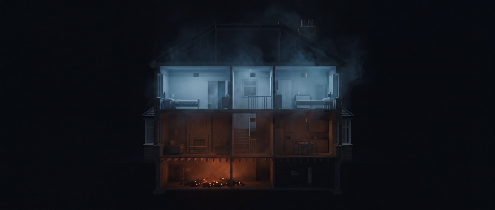 A cross-section of a house at night: the upper floor lit and filling with cool blue smoke that is clearing, while the basement below glows with a low amber ember — the source still burning.
